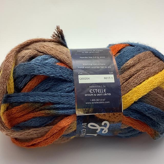 Q50204: A yellow to orange, blue and brown ombré mesh yarn